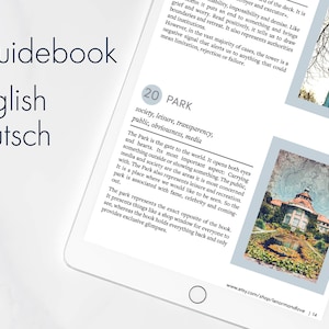 K&ouml;nnte beinhalten: Ein digitales Handbuch auf einem Tablet-Bildschirm mit dem Text Digital guidebook english deutsch, einer Beschreibung der Karte 20 PARK und zwei Geb&auml;udebildern. Das Layout enth&auml;lt beschreibende Abs&auml;tze und eine URL am unteren Rand.