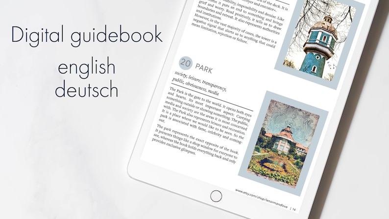 K&ouml;nnte beinhalten: Ein digitales Handbuch auf einem Tablet-Bildschirm mit dem Text Digital guidebook english deutsch, einer Beschreibung der Karte 20 PARK und zwei Geb&auml;udebildern. Das Layout enth&auml;lt beschreibende Abs&auml;tze und eine URL am unteren Rand.