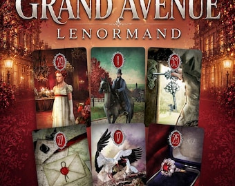 May include: Grand Avenue Lenormand deck featuring six cards with numbered red seals. Images include a woman in a white dress, a person on horseback, a key in a lock, a sealed letter, a stork in a nest, and a red gemstone ring in a box.