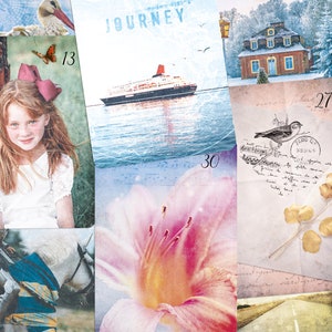K&ouml;nnte beinhalten: Eine Collage mit einer jungen Person mit roter Schleife, einem Kreuzfahrtschiff auf dem Wasser mit dem Text 'enjoy life's JOURNEY', einem Backsteinhaus im Schnee, einem Vogel auf einem Brief mit der Zahl 27, einer rosa Lilie mit der Zahl 30 und einem wei&szlig;en Pferd.