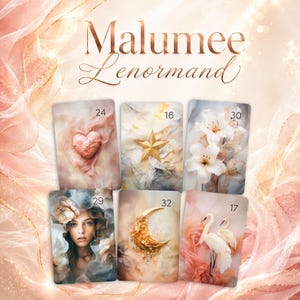 May include: A set of six Malumee Lenormand oracle cards featuring soft, ethereal imagery including a heart, a star, white lilies, a woman's face, a crescent moon, and two white birds, all labeled with numbers 16, 17, 24, 29, 30, and 32.