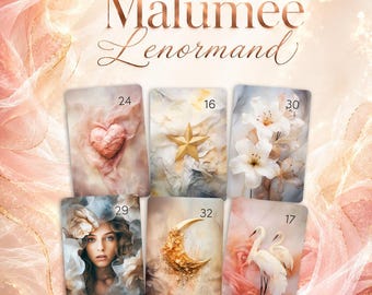 May include: A set of six Malumee Lenormand oracle cards featuring soft, ethereal imagery including a heart, a star, white lilies, a woman's face, a crescent moon, and two white birds, all labeled with numbers 16, 17, 24, 29, 30, and 32.