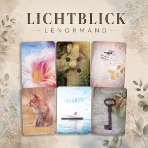 K&ouml;nnte beinhalten: Ein Set aus sechs Lichtblick Lenormand Karten mit Abbildungen einer rosa Lilie, eines Steinkreuzes, eines Briefes mit Vogel, eines Fuchses, eines Kreuzfahrtschiffes mit dem Text Journey und eines dunklen Schl&uuml;ssels. Jede Karte hat eine Nummer.