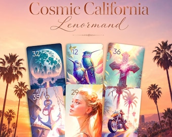 May include: A Cosmic California Lenormand deck featuring six cards with illustrations of a moonlit city, hummingbirds, a cross, an anchor, a person, and a motorcycle. The cards are displayed against a sunset background with palm trees.