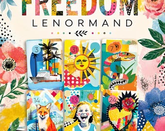 Może przedstawiać: Talia kart wyroczni Freedom Lenormand z kolorowymi ilustracjami w stylu kolażu. Karty przedstawiają statek wycieczkowy, słońce, węża, lisa, śmiejące się dziecko i serce na tle kwiatowych i geometrycznych wzorów.