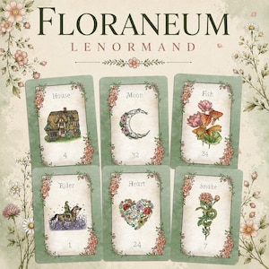以下が含まれることがあります： 「Floraneum」と題された6枚のルノルマン・オラクルカードセット。家、月、魚、騎士、ハート、蛇のイラストが描かれています。各カードは緑色の縁取りと花の装飾、名前、数字が特徴で、背景はクリーム色で花柄があしらわれています。