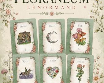 以下が含まれることがあります： 「Floraneum」と題された6枚のルノルマン・オラクルカードセット。家、月、魚、騎士、ハート、蛇のイラストが描かれています。各カードは緑色の縁取りと花の装飾、名前、数字が特徴で、背景はクリーム色で花柄があしらわれています。