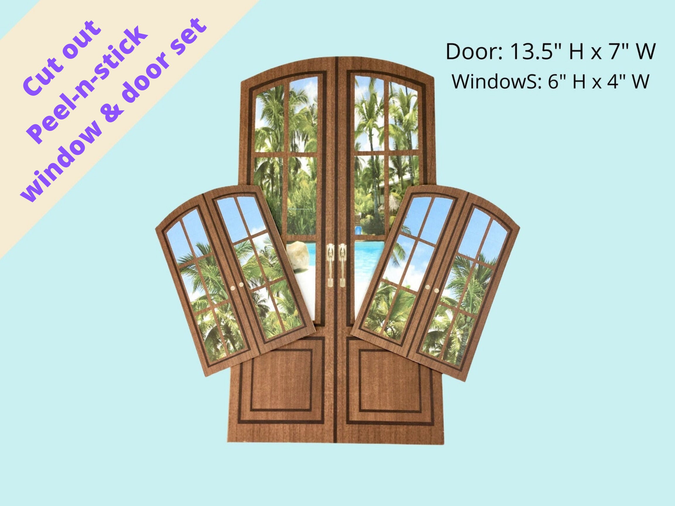 STICKER SETS - 1:6 Scale Dark Brown Door and Windows Set for 11.5 to 12" Sized Dolls Diorama Wall Decor Doll Room Box Decor