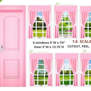 Window Curtains Sticker STICKERS 1:6 Scale 6 Pink Curtained Windows and Door STICKER SET for 11 ...