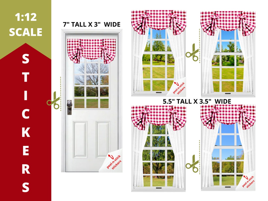 Window Curtains Sticker 1:12 Scale Window and Door Stickers With Red & White Check Curtains - Etsy