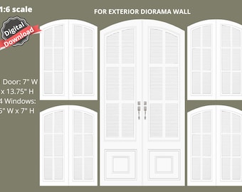 May include: A digital download for a 1:6 scale exterior diorama wall with one 7-inch wide by 13.75-inch high door and four 5-inch wide by 7-inch high windows. The windows and door have white louvered shutters.