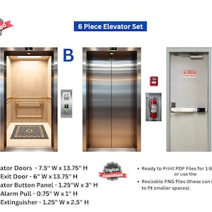 DESCARGA DIGITAL: Ascensor a escala 1:6 (Interior B) y puertas de extintor para caja de habitación de muñecas de 29 cm, decoración de pared de cartón para casa de muñecas.
