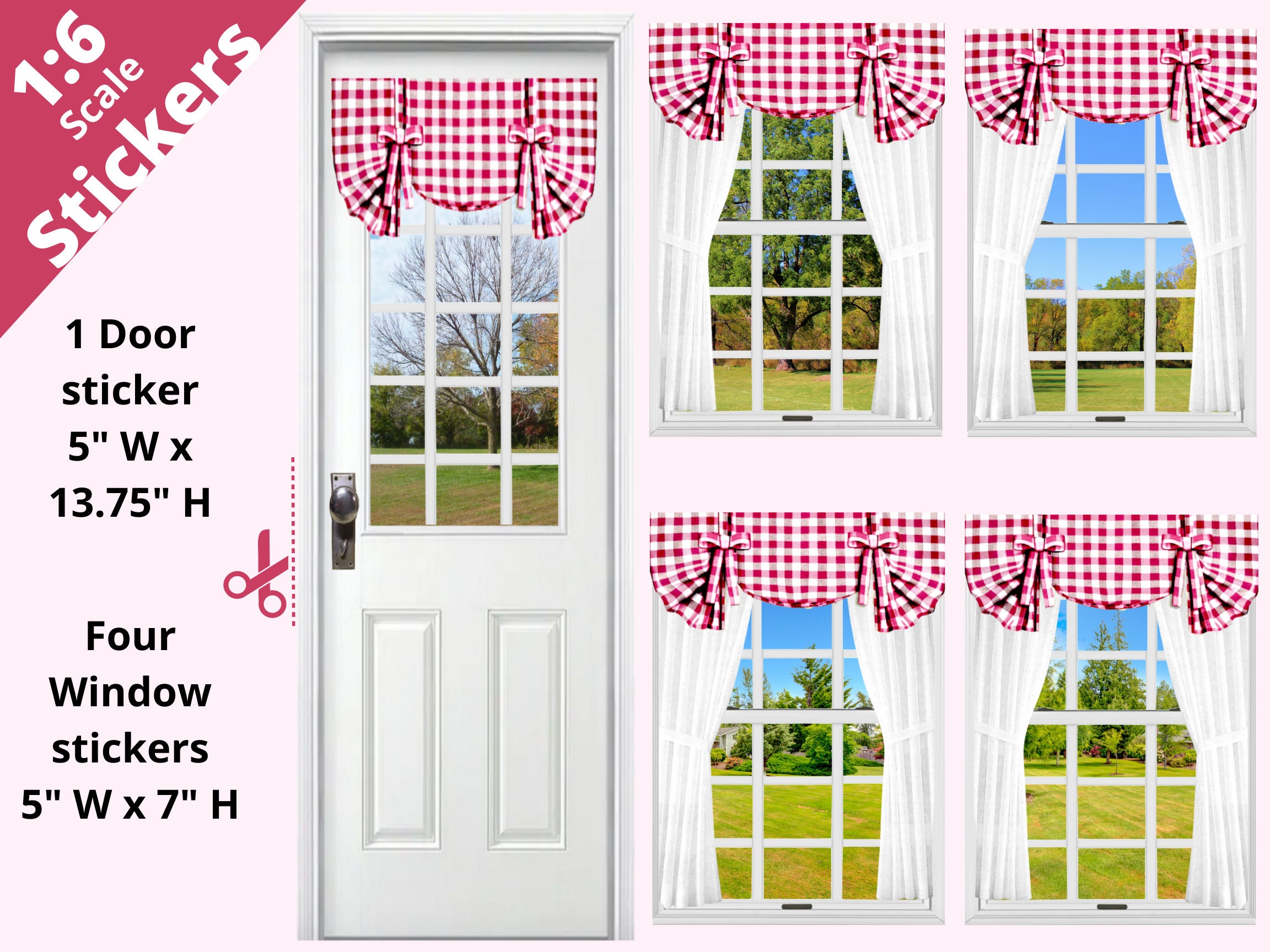Window Curtains Sticker 1:6 Scale Windows With Red Checkered Curtains and Door Sticker Set - Etsy
