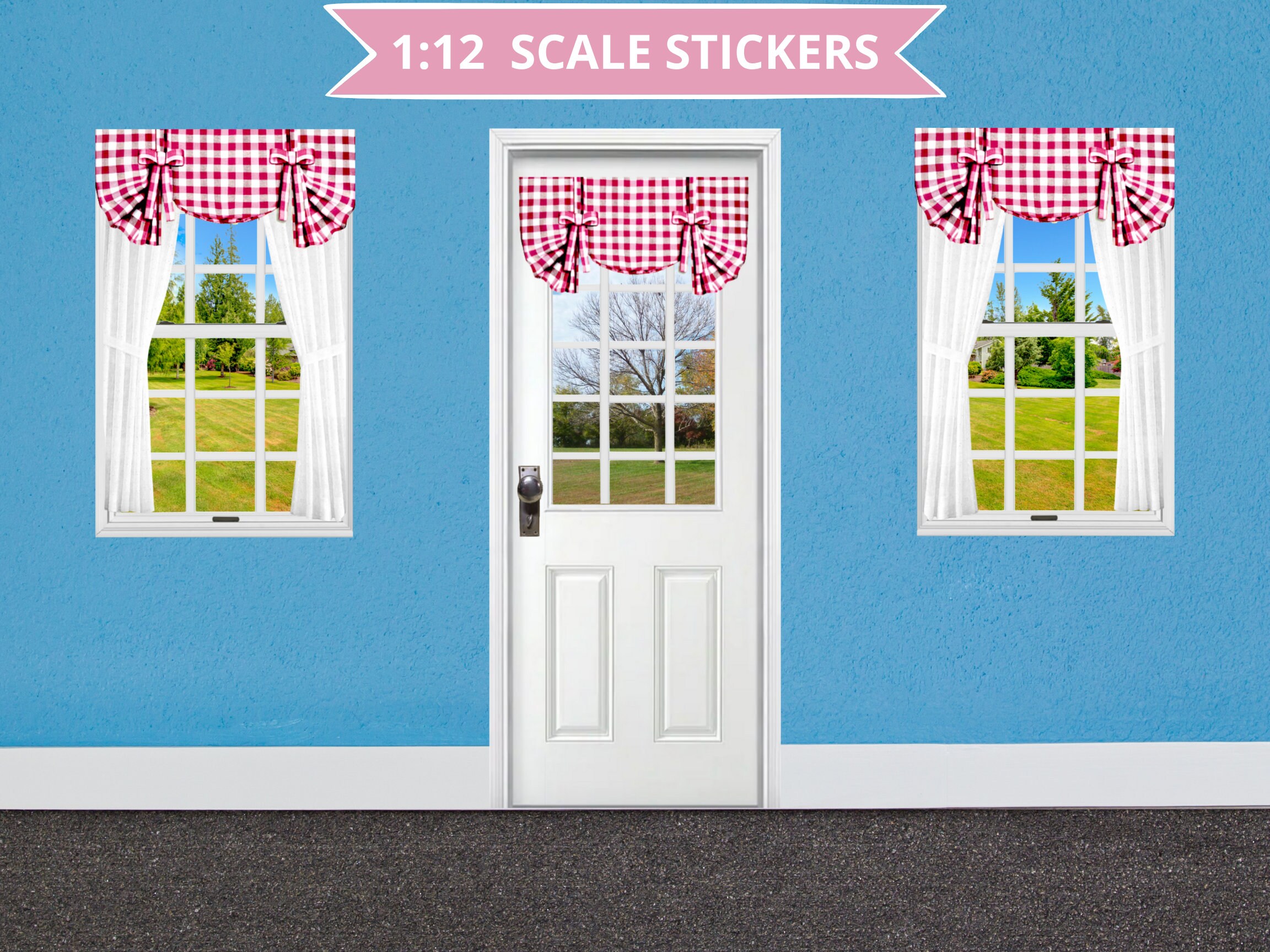 Window Curtains Sticker 1:12 Scale Window and Door Stickers With Red & White Check Curtains - Etsy