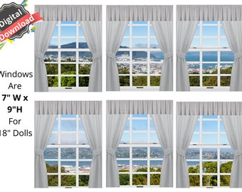 May include: Digital download of six printable window images for 18 inch dolls. Each window is 7 inches wide by 9 inches high and features a view of a city skyline with a body of water in the distance. The windows are framed in white and have white curtains with a valance.
