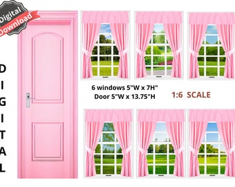 DIGITALER DOWNLOAD Fenster- und Türdrucke im Maßstab 1:6 durch rosa Vorhänge