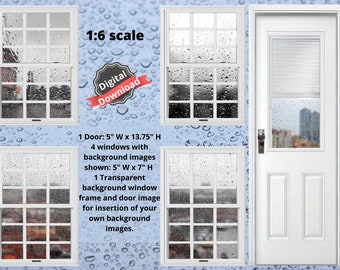 May include: Digital download of four 5-inch by 7-inch windows and one 5-inch by 13.75-inch door with a rain-streaked glass effect. The windows and door are white with a white frame. The background is a light blue with raindrops.