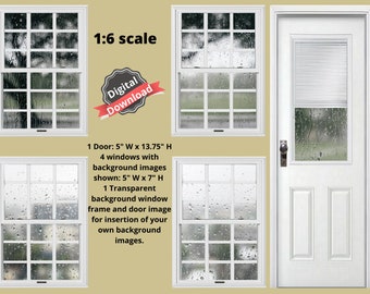 May include: Four white windows with rain drops on the glass, a white door with a small window and blinds, and a white door with a single pane of glass. The windows and doors are set against a light beige wall. The text "1:6 scale" and "Digital Download" are visible in the image.