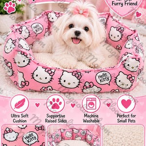 May include: A pink pet bed featuring a repeating Hello Kitty pattern with white faces and pink bows. The bed has raised sides and a soft, cream-colored plush interior cushion. A small white dog with a pink bow sits inside the bed.