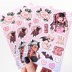 Pink Monster Egirls Sticker Sheet - Colorful Waterproof Matte Vinyl Vampire, Bat, Goth Alt Fashion Cute Journal, Hydroflask Stickers