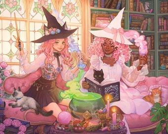 Enchanted Library - Rose Witch Pink Cats Adorable Girls Art Print, Magical Botanical Plants, Flowers, Cauldron, Wizards