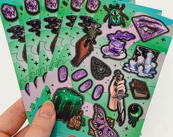 Witch of Crystals and Smoke Sticker Sheet - Green and Purple Waterproof Matte Vinyl Witchcraft Wiccan Magic Hydroflask Stickers