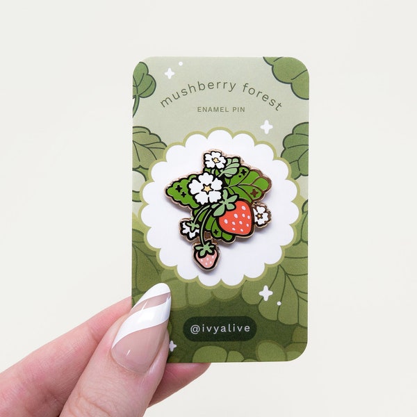 Strawberry Plant Pin - 35mm Kawaii Pastel Plant Hard Enamel Pin, Cute Fruit Berry Lapel Jewelry, Cottagecore Pastel Green Ita Bag Metal Pin