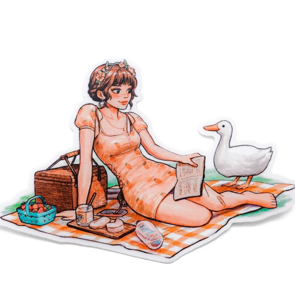 Summer Picnic 3.5" - Orange Matte Vinyl Journal Sticker, Hydroflask Decal, Cottagecore, Duck, Goose, Picnic Kawaii Peach Sticker