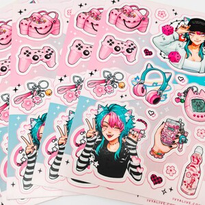 Pink Kawaii Egirl Sticker Sheet - Colorful Waterproof Matte Gamer Girl Aesthetic Y2K Otaku Cute Journal, Hydroflask Stickers