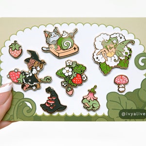 Strawberry Mushroom Magic Enamel 8 Pin Set - Kawaii Hard Enamel Pins, Cute Lapel Jewelry, Cottagecore Pastel Green Pink Ita Bag Metal Pins