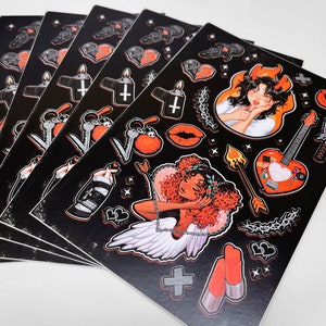 Cupid's Chokehold Sticker Sheet - Colorful Waterproof Matte Punk Goth Black and Red Emo Edgy Rocker Cute Journal, Hydroflask Stickers