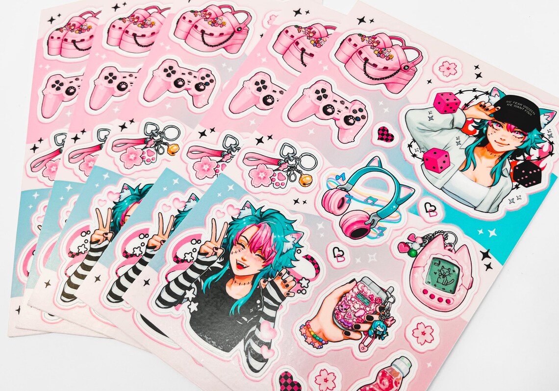 Pink Kawaii Egirl Sticker Sheet Colorful Waterproof Matte Etsy