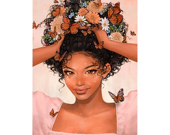 Bouquet - Cottagecore Butterflies and Flowers Painting - Black Girl Magic Art Print