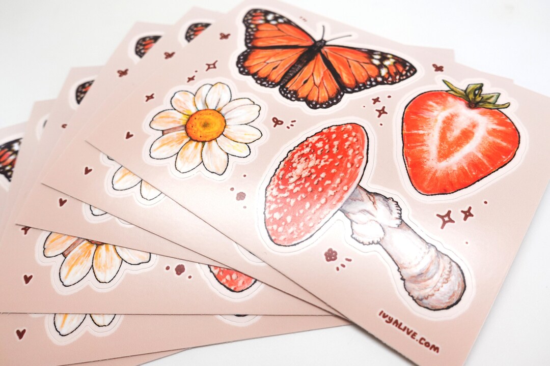 Cottage Core Vinyl Mini Sticker Sheet Cute Butterfly Strawberry Daisy ...