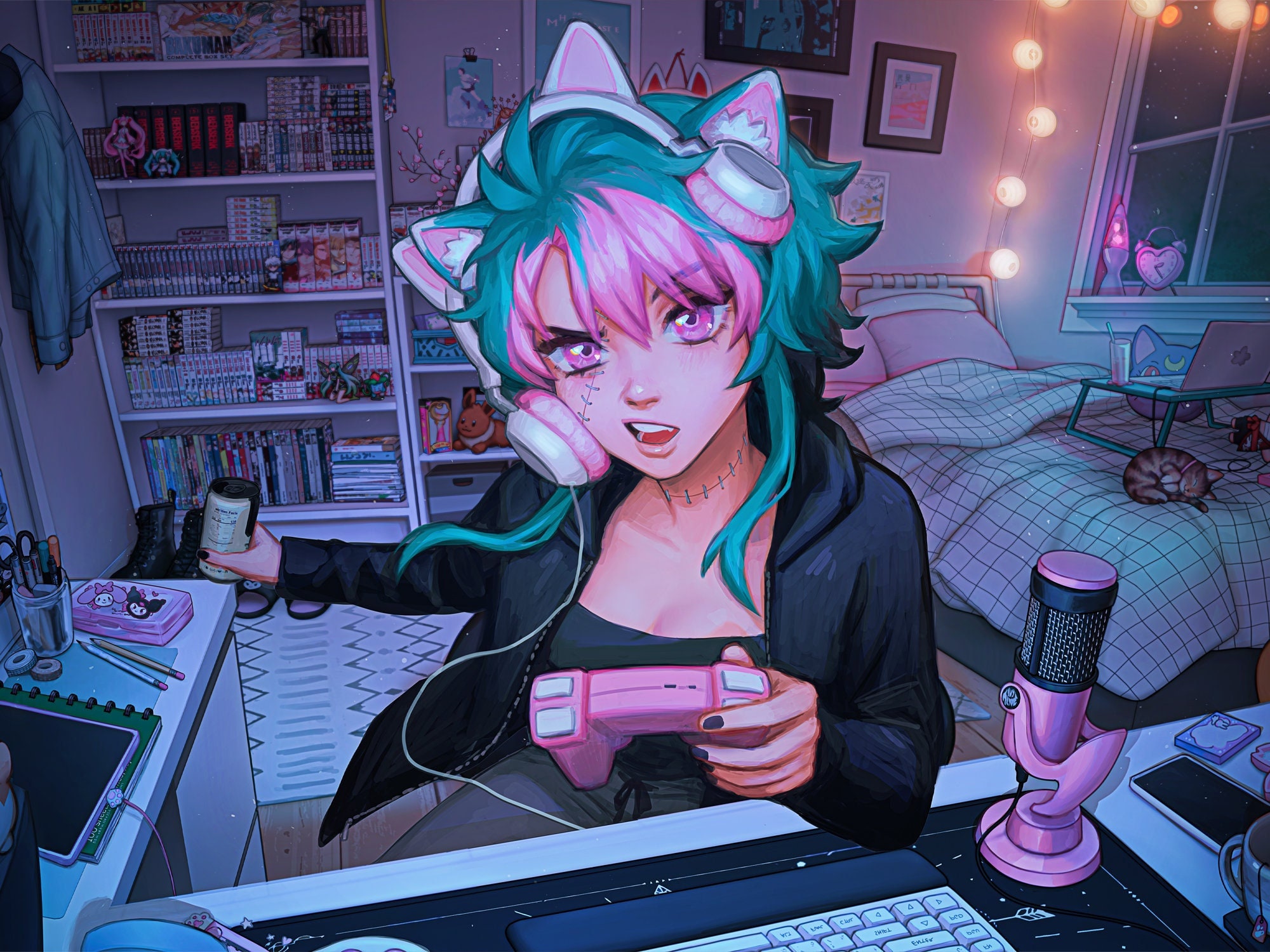 Gamer anime girl illustration wall art - TenStickers