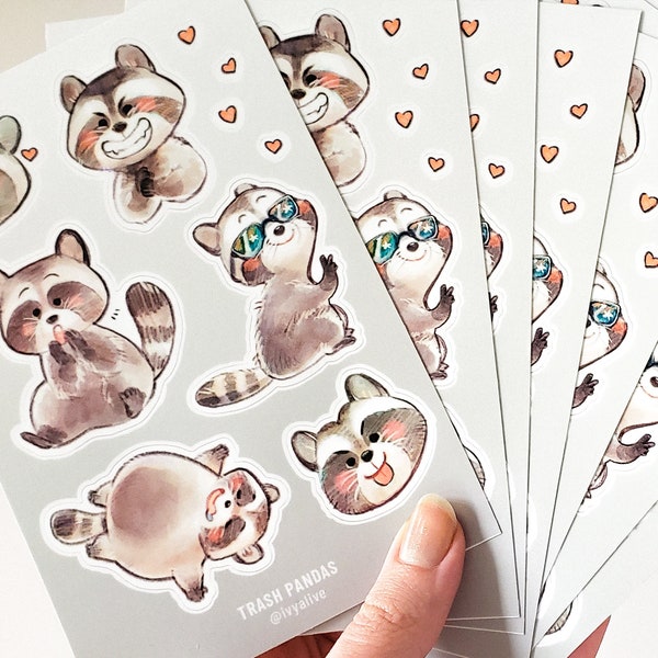 Raccoon Vinyl Sticker Sheet - Kawaii Animal Waterproof Stickers
