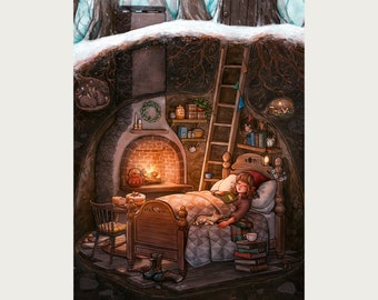 Winter Nap - Adorable Storybook Childrens Christmas Elf Cozy Underground Snowy Winter Cottagecore Hobbit Art Print
