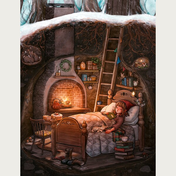 Winter Nap - Adorable Storybook Childrens Christmas Elf Cozy Underground Snowy Winter Cottagecore Hobbit Art Print