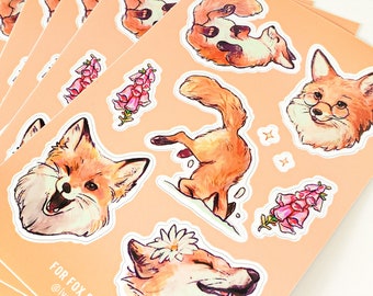 Playful Winter Fox Vinyl Sticker Sheet - Kawaii Animal Waterproof Stickers