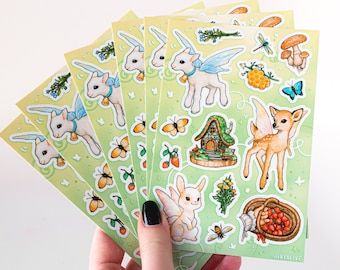 Cute Animal Cottagecore Stickers - Colorful Waterproof Matte Vinyl Journal Stickers, Lamb, Bunny, Fawn, Fairywings Cute Stickers