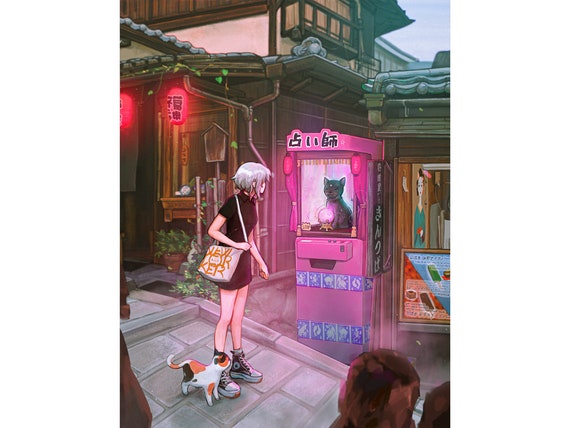 Fortune Teller - Japanese Aesthetic, Kyoto Japan Modern Calico Cat Art Print