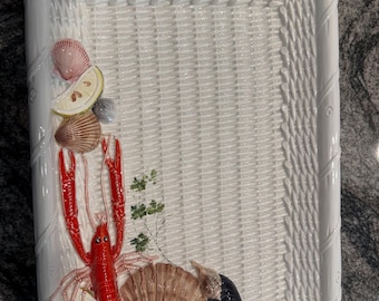 Vintage Shafford Ceramic Lobster Seafood Platter | 3D Majolica Basketweave Serving Tray