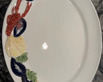 Vintage Italian Majolica Seafood Platter – 3D Lobster, Mussels, Scallop Ceramic Dish – Made in Italy
