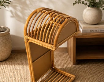 Vintage Rattan Record Rack – 1970s Boho Bentwood Magazine Stand C-Table