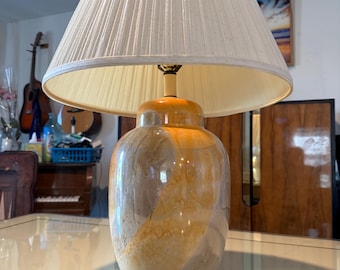 Vintage Mid Century Modern Ceramic Lamp - 1970s Faux Marble Ginger Jar Table Lamp, Retro Orange Champagne Gold Drip Glaze Accent Light