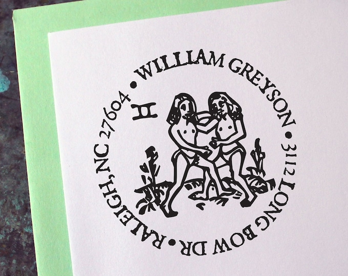 Gemini Address Stamp, Medieval Woodcut, Zodiac Astrology Sign - Custom Personalized Gift - Housewarming - Wedding - Christmas - Birthday