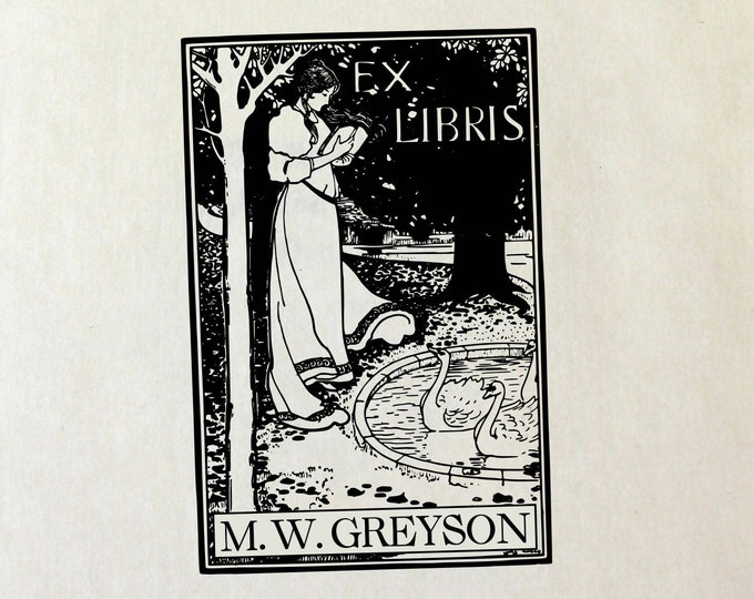 Ex Libris Bookplate Stamp - Victorian Woman Swans - Perfect Book Lover Gift - Library - Teacher - Custom - Wedding - Christmas - Graduation