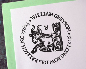 Taurus Address Stamp, Medieval Woodcut, Zodiac Astrology Sign - Custom Personalized Gift - Housewarming - Wedding - Christmas - Birthday