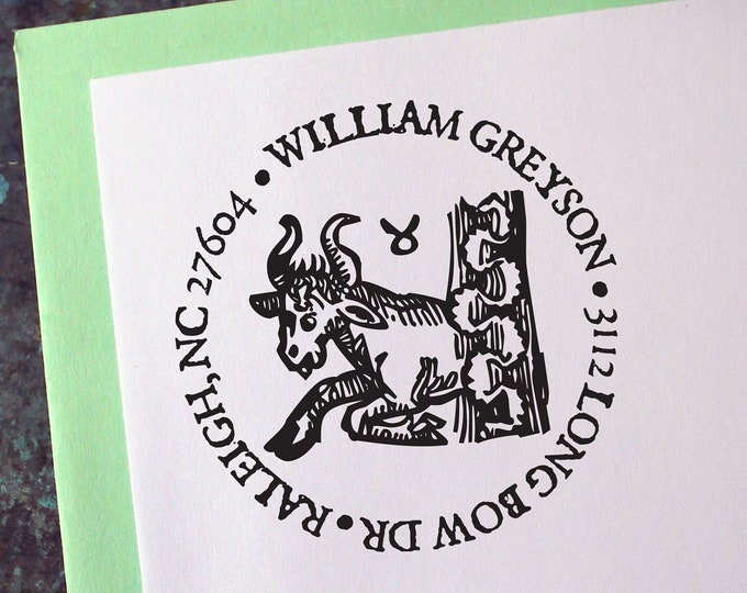 Taurus Address Stamp, Medieval Woodcut, Zodiac Astrology Sign - Custom Personalized Gift - Housewarming - Wedding - Christmas - Birthday