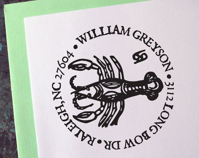 Cancer Address Stamp, Medieval Woodcut, Zodiac Astrology Sign - Custom Personalized Gift - Housewarming - Wedding - Christmas - Birthday